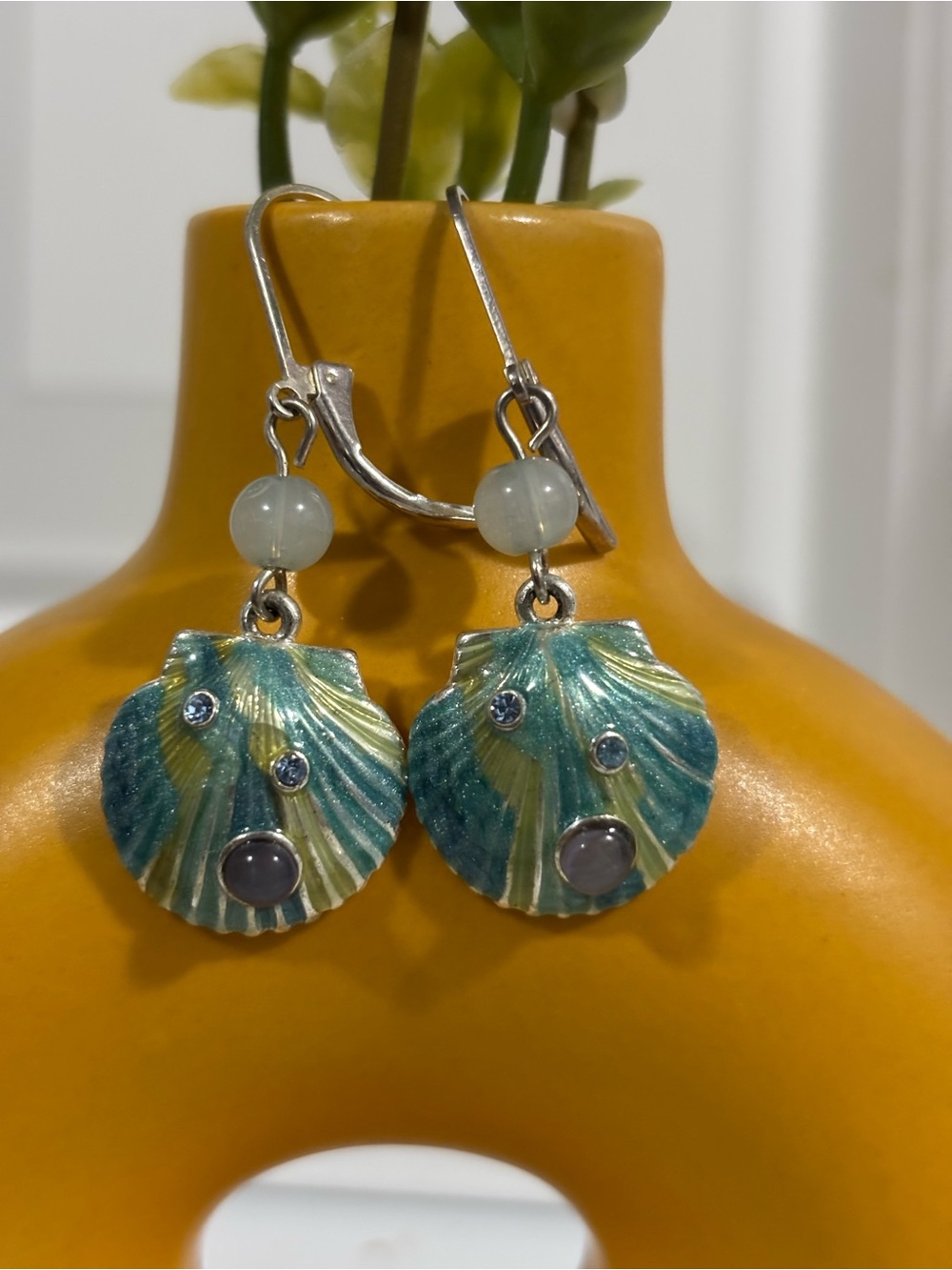 Teal and Gold Shell Drop Earrings - Brand Unbranded